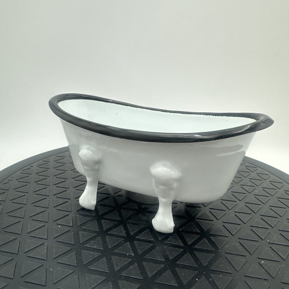 White Claw Bathtub w Black Rim Soap Dish Enamelware Drain Holes